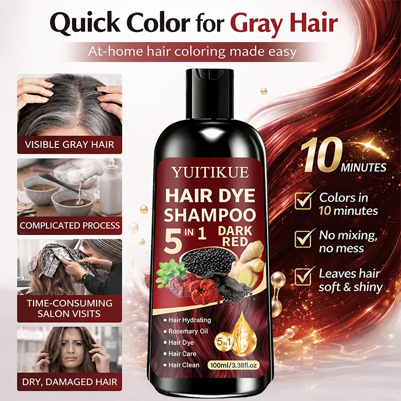 YUITIKUE 5 In 1 Hair Dye Shampoo Dark Red 100ml, Hydrating Rosemary Formula, Quick Color Shampoo For Gray White Hair