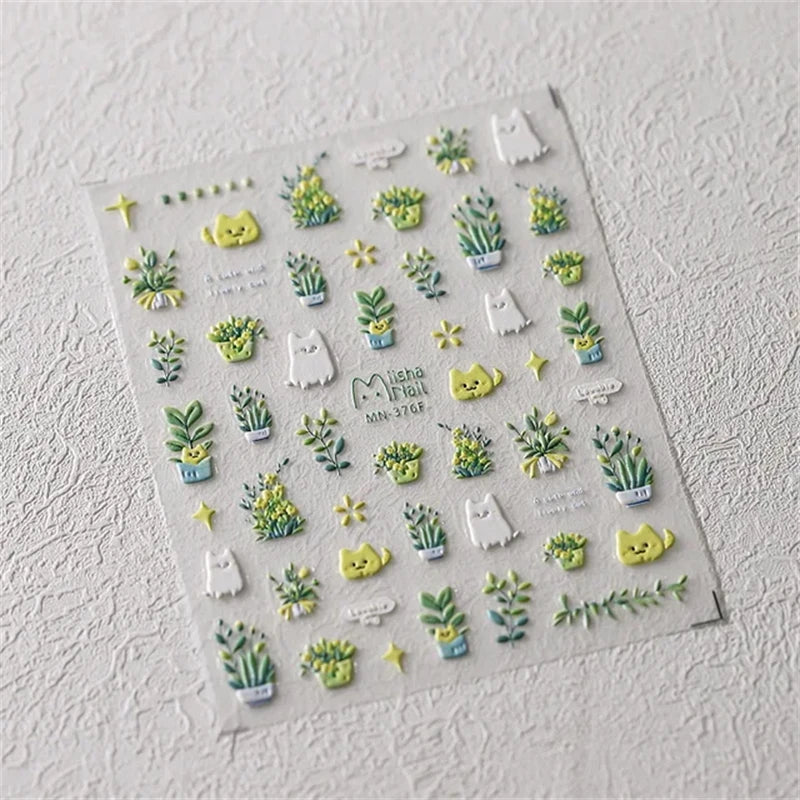1Pcs Lovely Cat Green Potted Plant Flowers Nail Stickers 5D Reliefs Self Adhesive Nail Art Stickers Manicure Decorations Decals
