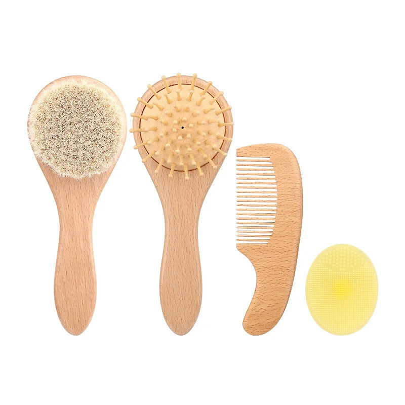 4pcs Baby Brushes Comb Set Wooden Natural Ultra Soft Goat Baby Hair Massage Brush for Newborn Hair Combs Set for Boy Girl