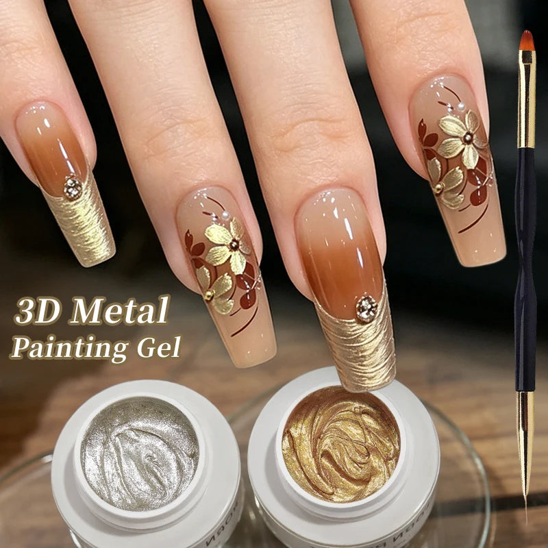 BORN PRETTY 5ml Gold Silver 3D Metal Nail Gel Polish Carving Plaster Texture Embossed Nail Gel Metal for DIY Manicure Art