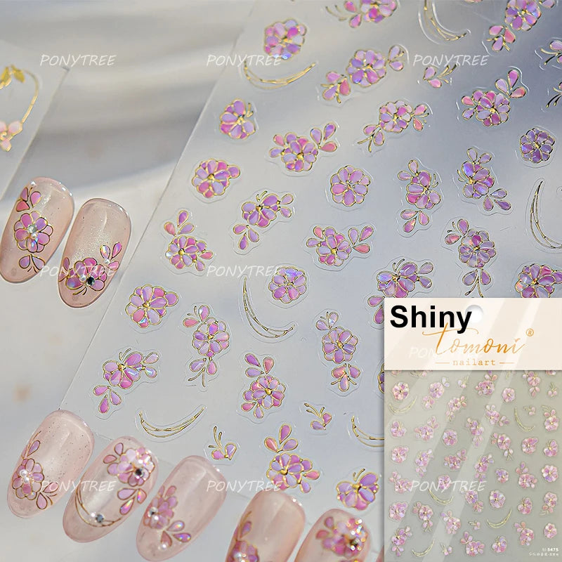 Elegant Pink Purple Flower Rose Colourful Gentle Petal Peach Blossom Metal Shiny Self Nail Art Sticker Decoration Manicure Decal