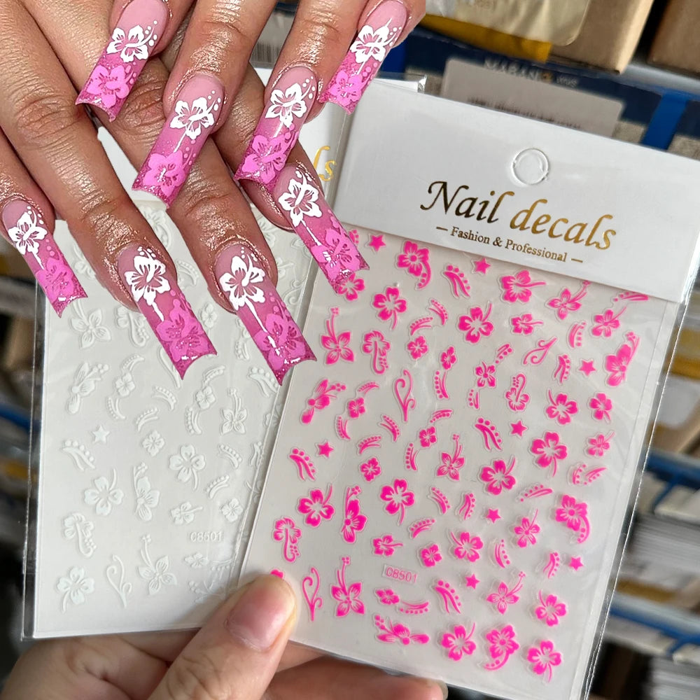 2pcs 3D Hibiscus Flower Nail Stickers 3D Self-Adhesive White Pink Flower Nail Decals Tropical Leaves Summer Nail Art Decoration