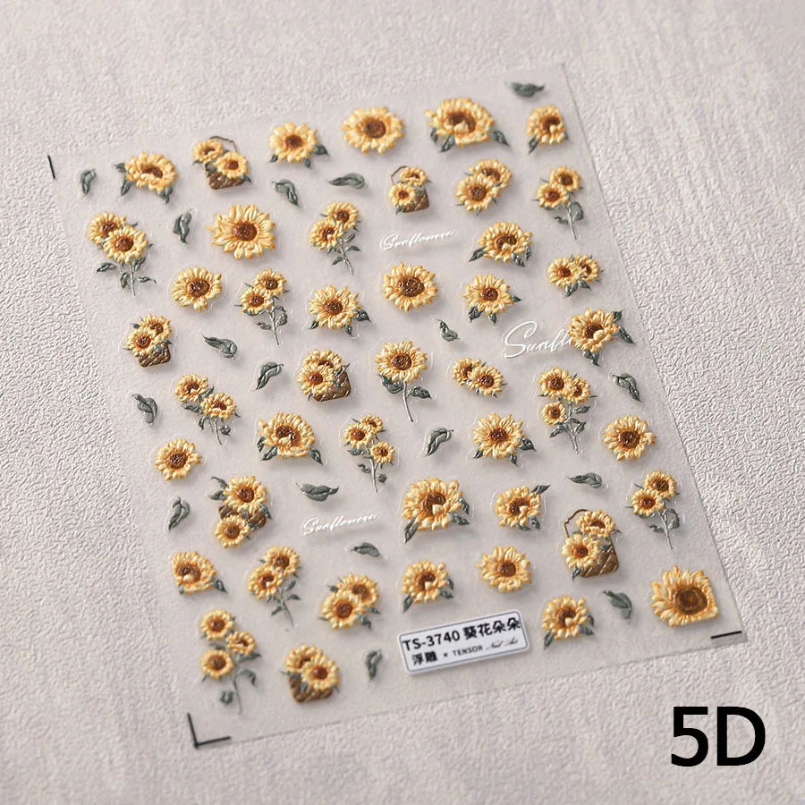 1 pc 5D sunflower nail stickers rose daisy cherry blossom self-adhesive nail art stickers oil painting style decorative sticker