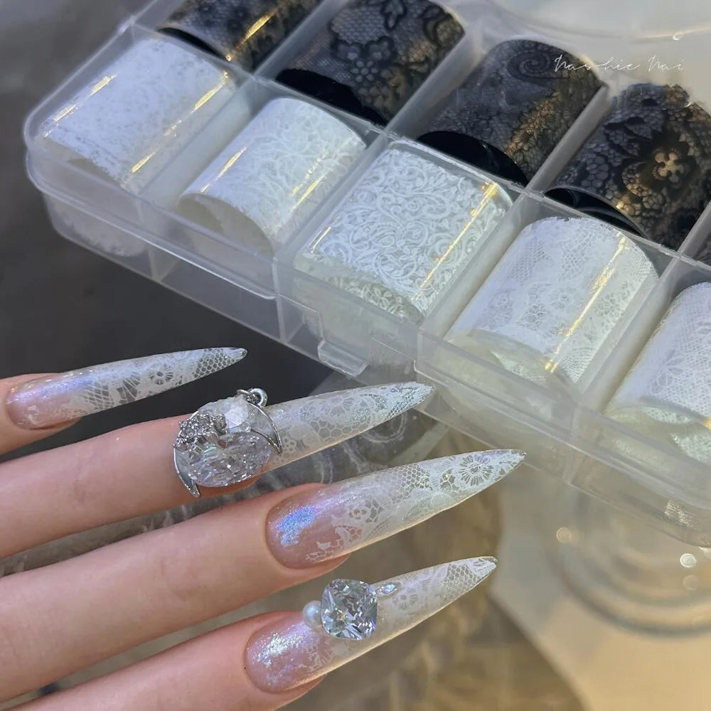 10 Rolls Black/White Lace Foil Transfer Nail Stickers Starry Sky Lace Flowers Nail Foils Stickers Lace  Nails Decoration 4*50CM