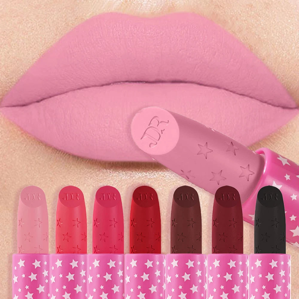 Waterproof Rose Pink Lipstick Star Embossed Velvet Matte Lasting Lip Stick Lasting Non-stick Cup Lip Gloss Women Makeup Cosmetic