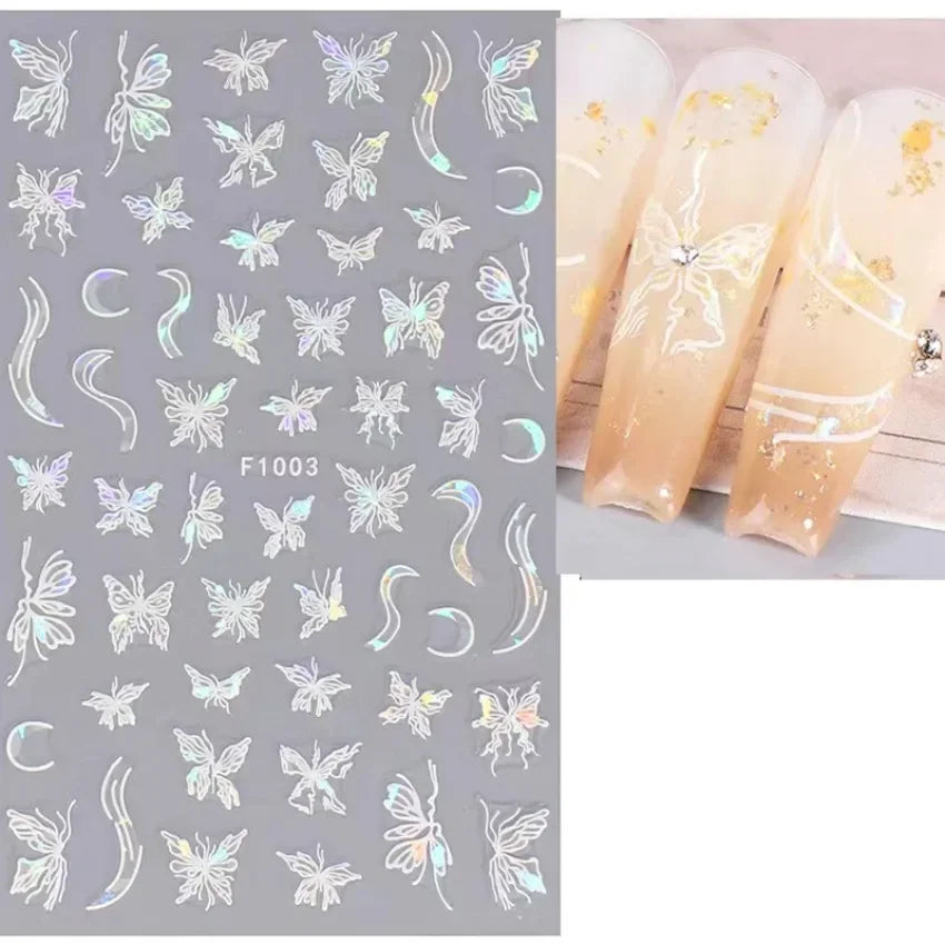 1PCS Black White Butterfly Laser Nail Stickers Y2K Nail Art Decoration Abstract Lines Bronzing Flowers Stickers For Nails