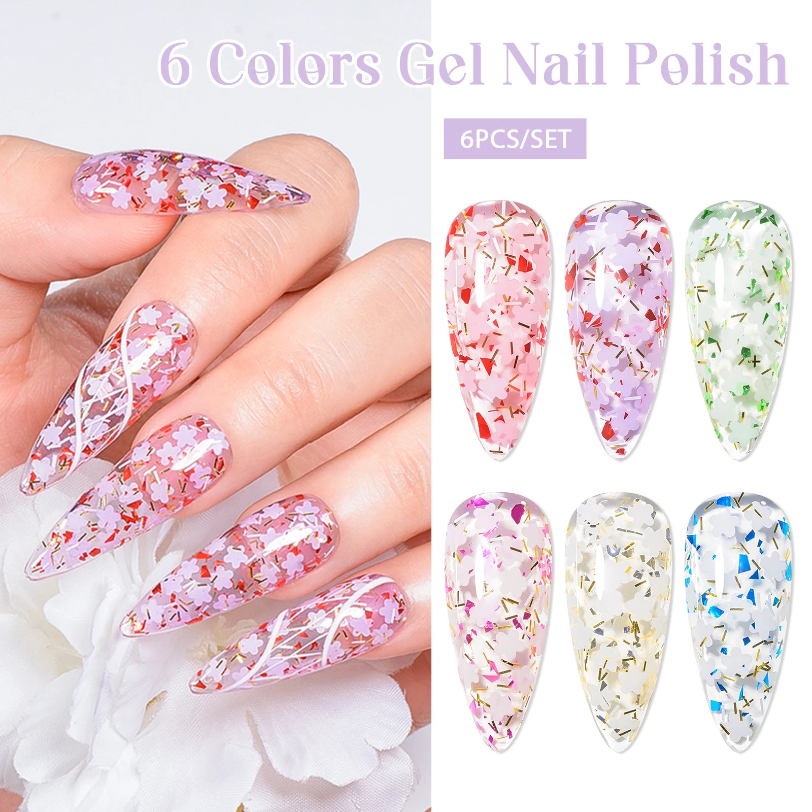 6PCS/SET Dried Flower Gel Nail Polish Set Natural Flower Fairy Nail Art Gel Soak Off UV LED Painting Varnish For Nails DIY Kit