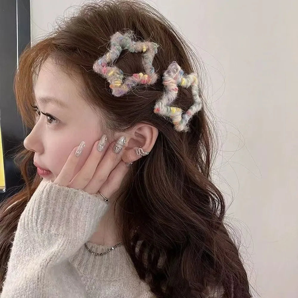 4Pcs Star Hair Clips, Colorful KnittingHair Clips, Elegant 5-Star Hairband Clips, Hair Accessories For Girl To Style Side Braids