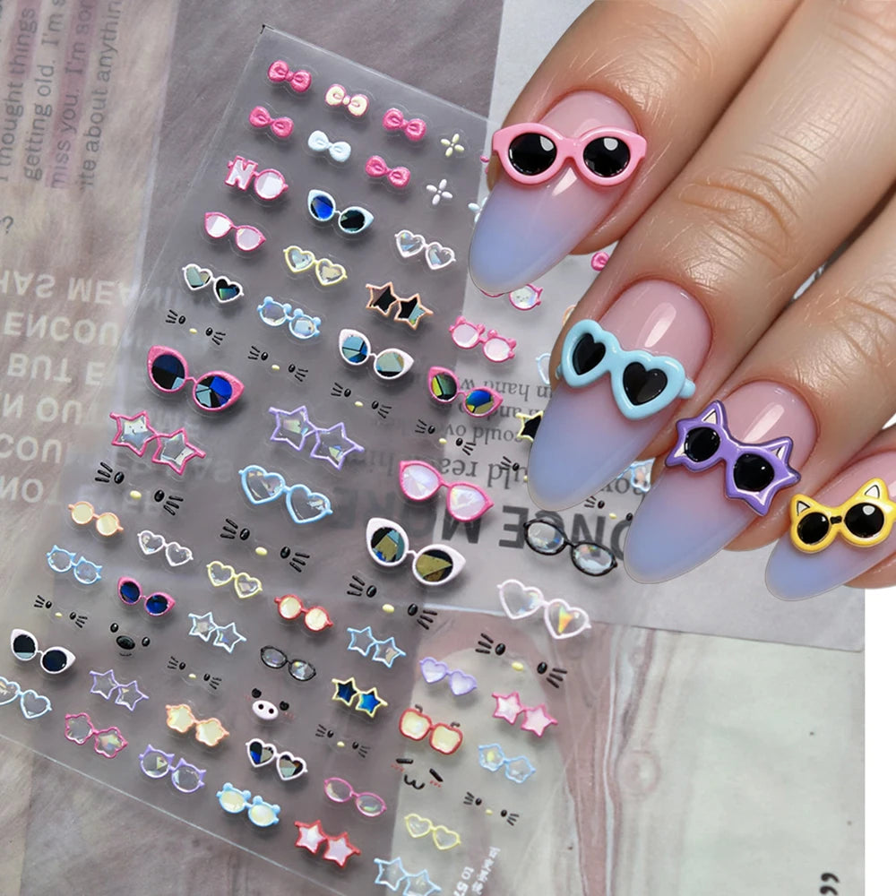 5D Adhesive Nail Art Stickers with Cute Glasses Design and Cartoon Funny Cat Expression for Manicure DIY Charms Slider Sticker
