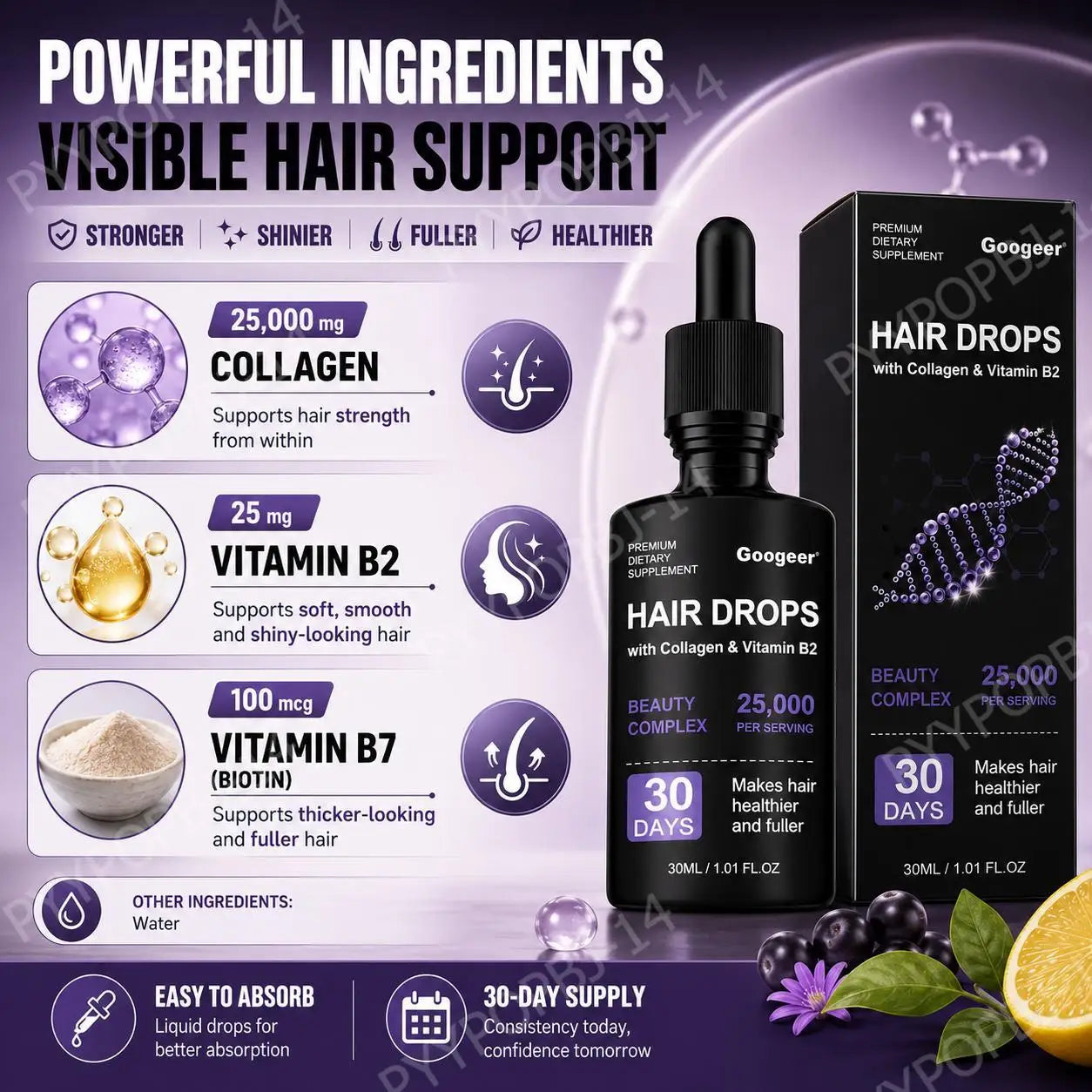 Googeer Collagen Hair Drops 30ML with Vitamin B2 for Stronger Fuller Hair Beauty Complex 30 Day Supply
