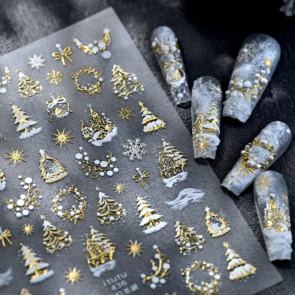 1pc 5D Gold Snow Christmas Tree Wreath Nail Art Stickers Bow Crystal Ball Pendant Winter Nail Decals New Year Xmas Nail Decorati