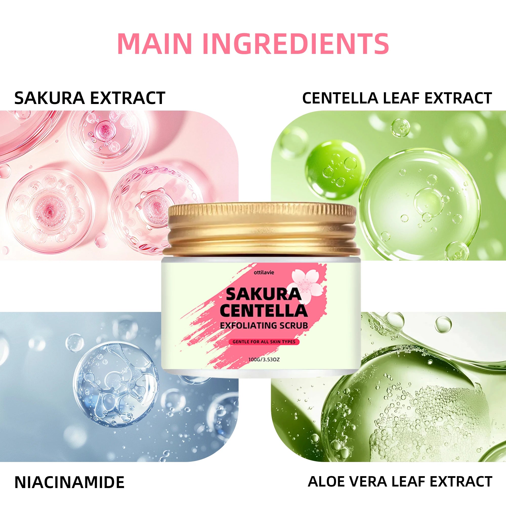 Ottilavie Sakura & Centella Scrub (5.29/3.53OZ) W/Niacinamide - Gentle Exfoliator for Face & Body, Unisex Gift