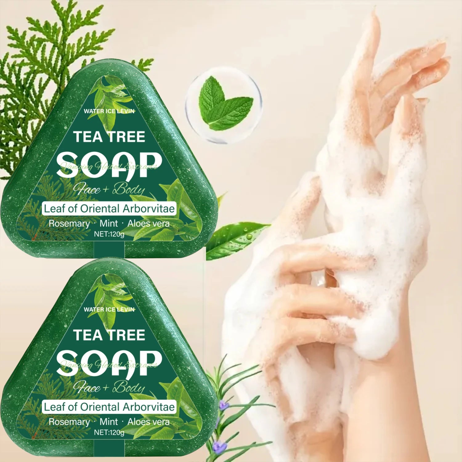 Tea Tree Soap (Face+Body): Oriental Arborvitae Leaf, Rosemary/Mint/Aloe, Gently Hydrates All Hair Types