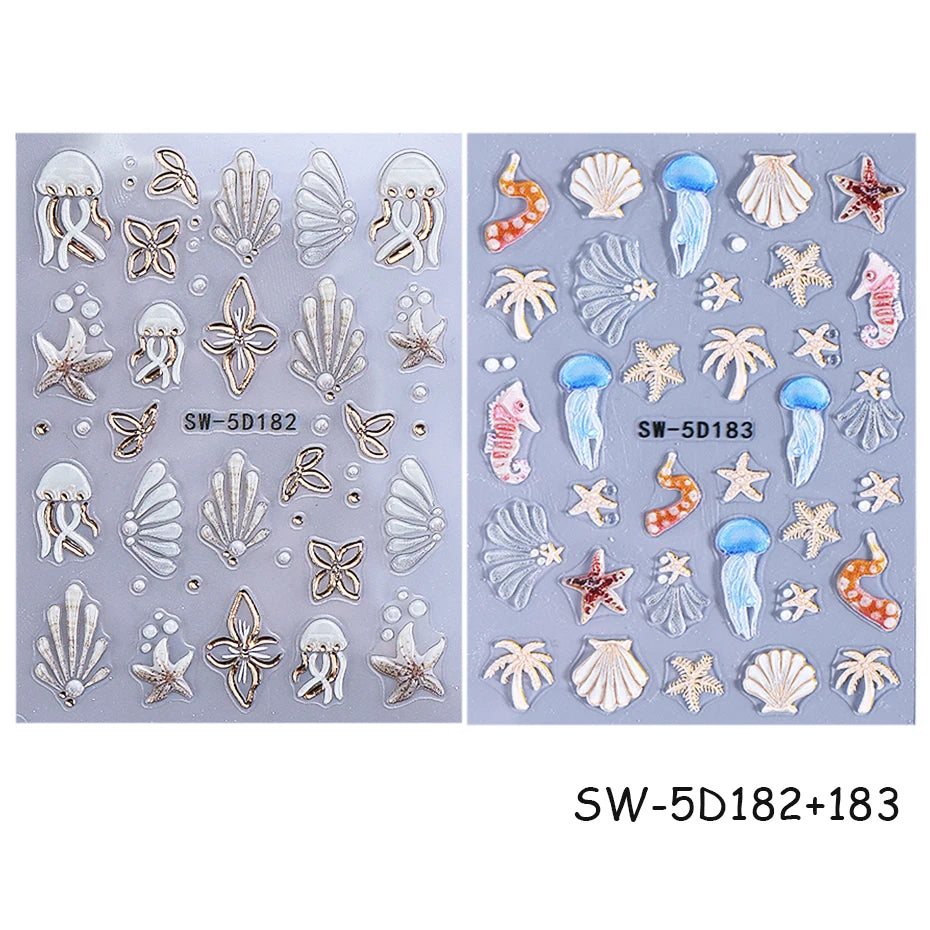 2pcs Ocean Animals Nail Art Stickers 5D Embossed Starfish Seashell Conch Coral Nail Decals DIY Summer Manicure Decoration Slider