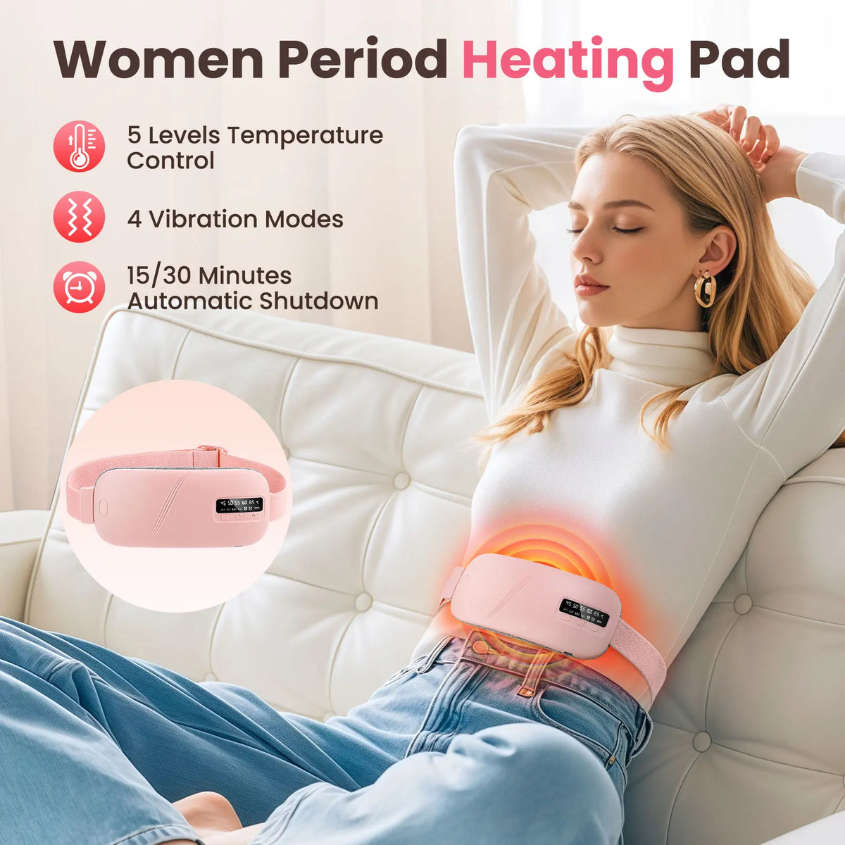 Women Period Heating Belt 4 Modes Menstrual Relief Heating Pad Vibration Massage Belt Reduce Dysmenorrhea Abdominal Warmer Belt