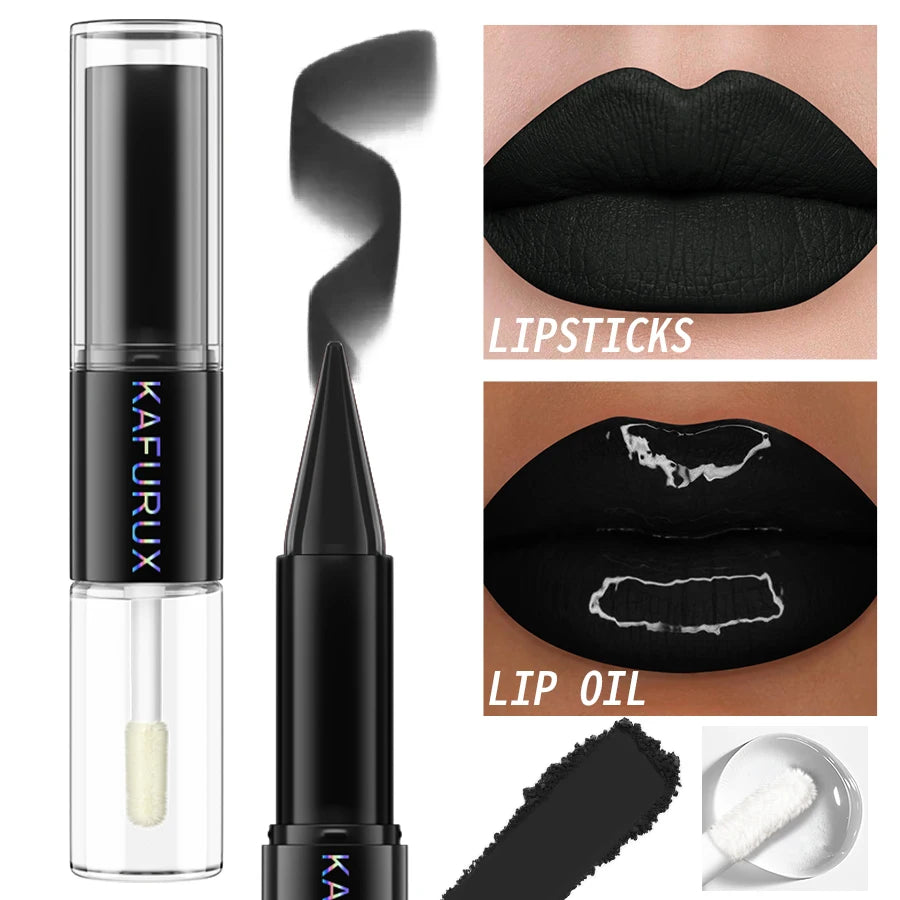 Black Matte 2 In 1  Double Head Lipstick Lip Coat Set Waterproof Coat 24HR Korean Makeup Gifts High Pigment Lip Tint Plumper