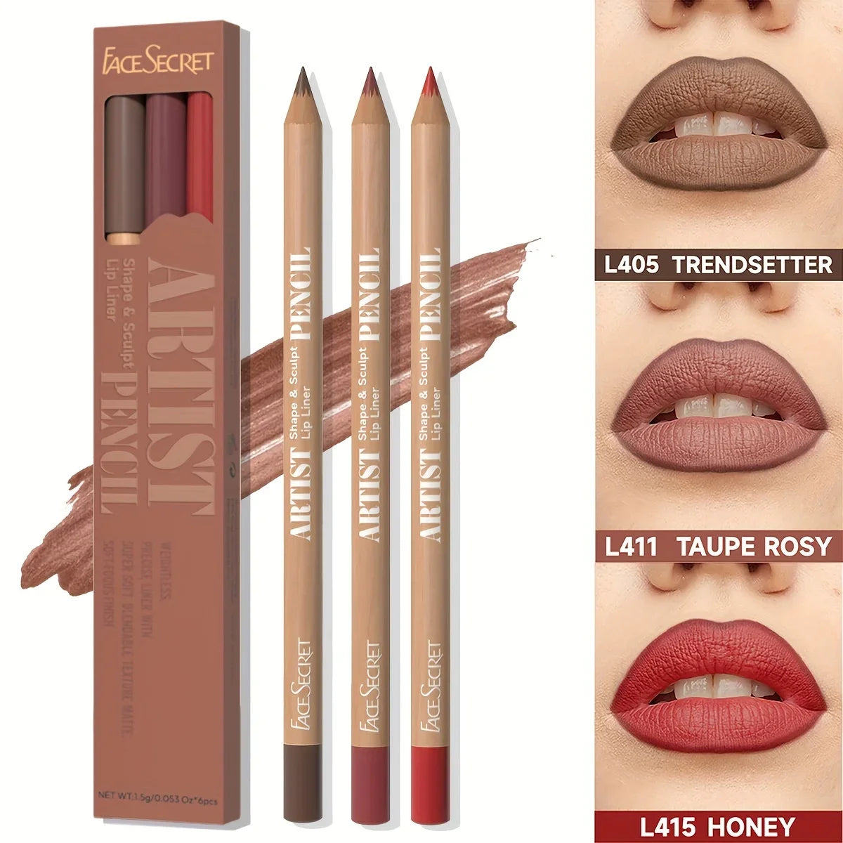 Face Secret 3pcs/Set Coffee Tones Beige Matte Lip Liner Waterproof,Long-Lasting, Velvet Smooth Natural Soft Pencil Lipstick