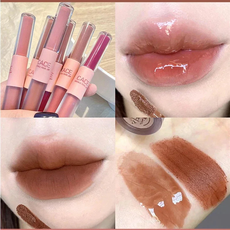 Double Head Lip Gloss Matte Velvet Sexy Red Tint Liquid Lipstick Waterproof Lipgloss Lasting Lip Glaze Korean Makeup Cosmetics
