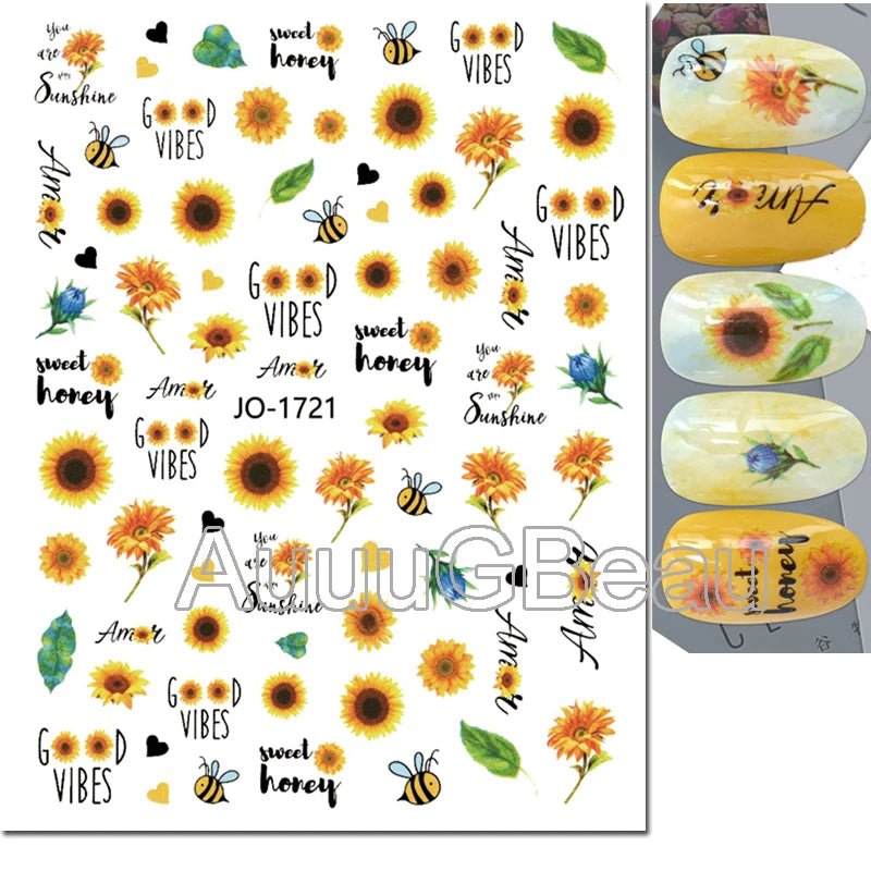 3d Nail Art Decals Geometric Lines Daisy Sunflowers Letters Adhesive Sliders Nail Stickers Decoration For Manicure