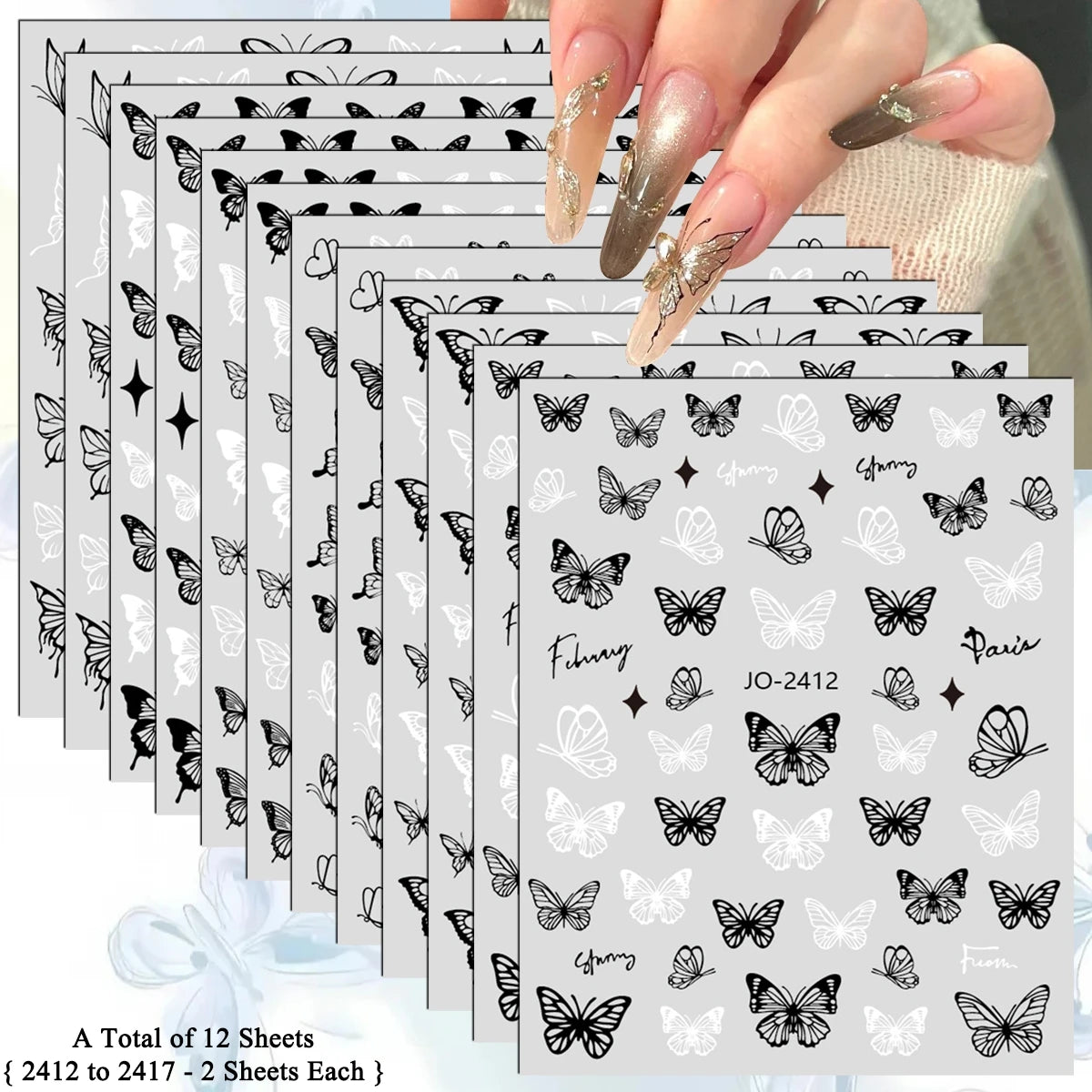 3/6/12 Sheets 3D Black White Butterfly Nail Stickers Self Adhesive Gothic French DIY Manicure Nail Decals