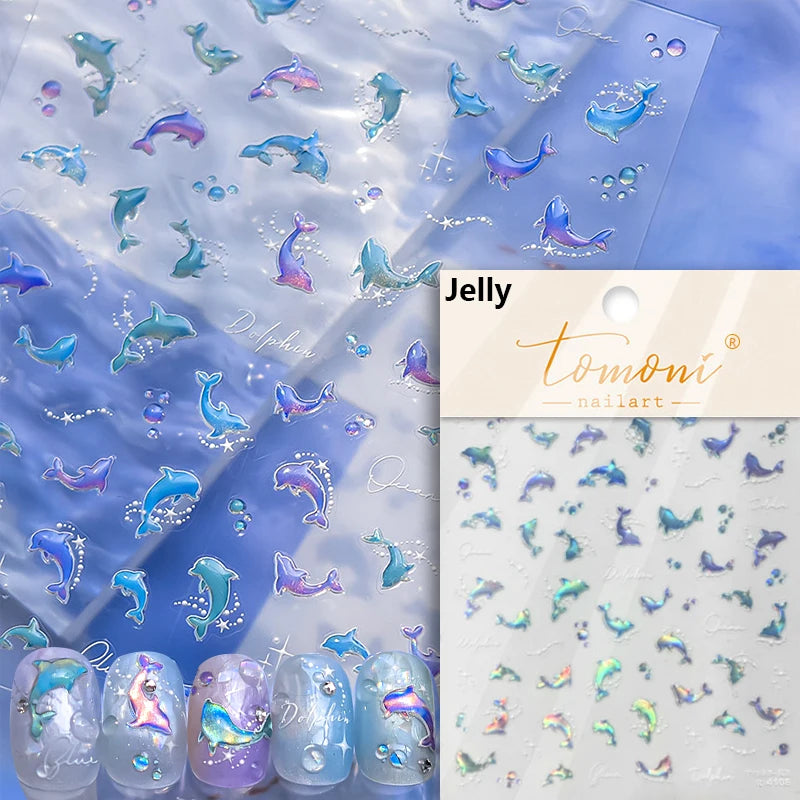 1 piece of 5D marine life nail stickers coral dolphin jellyfish shell conch starfish sea soft relief decorative nail art sticker