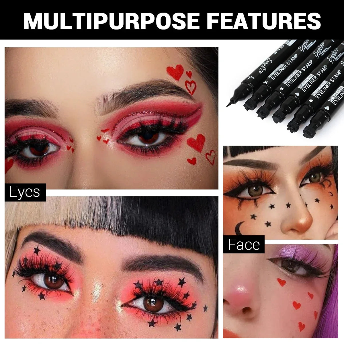 7PCS/SET Double Head Moon Star Heart Flower Liquid Eyeliner Pen Black Stamp Makeup Seal Eyeliner Pencil Waterproof Cosmetic