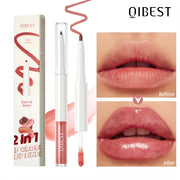 QIBEST Double Head Mirror Lip Glaze Lipliner Pen Water Light Lipgloss Makeup 2 in 1 Stick Matte Velvet Lip Liner Contour Pencil