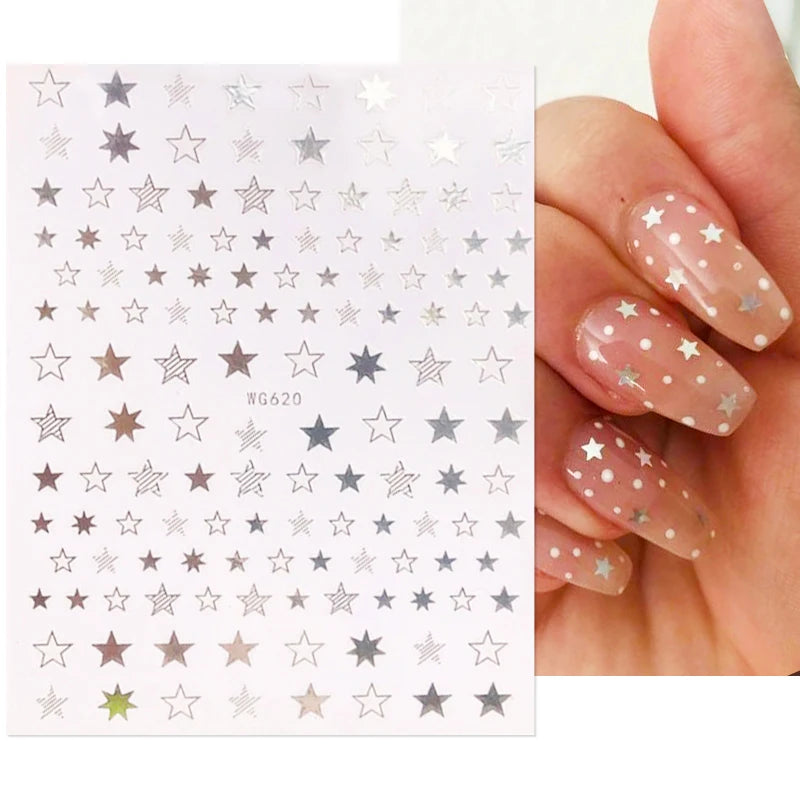 Shiny Gold Star Moon Sun Nail Stickers for Manicure Accessories Heart Feather Animals Printing Self Adhesive Nail Wrap