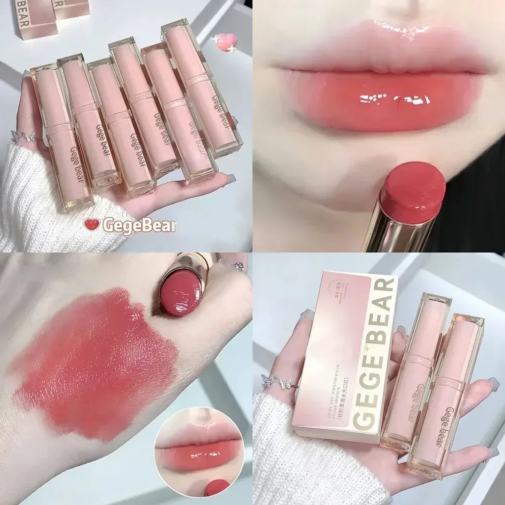 6 Colors Silky Glossy Lipstick Gege Bear Pump Lips Moisture Water  Comfortable Ultra Sheen Non-Stick Cup Lip Balm