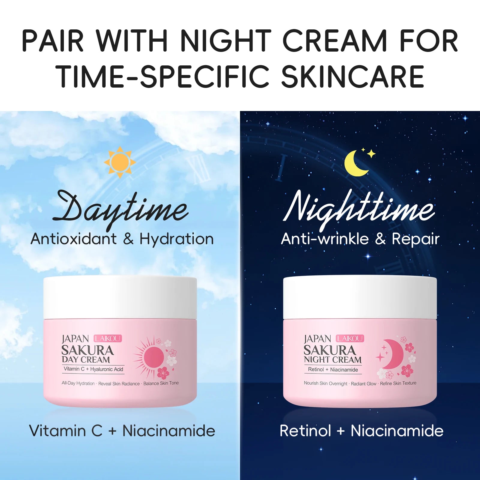 LAIKOU Sakura Day Night Face Cream Nourishing & Brightening Moisturizer Anti-aging Smooth Skin 30g