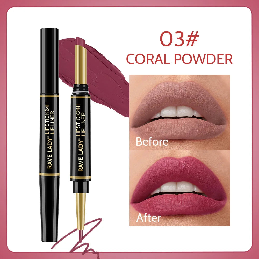 Rave Lady 2 IN 1 Matte Lipstick Lipliner Pencil 6 Color Christmas Gift Waterproof Lipstick Sexy Red Long Lasting Lipliner Makeup