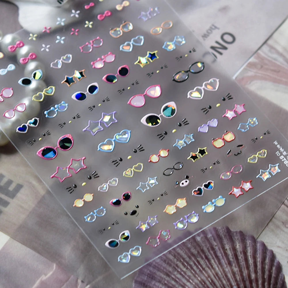 5D Adhesive Nail Art Stickers with Cute Glasses Design and Cartoon Funny Cat Expression for Manicure DIY Charms Slider Sticker