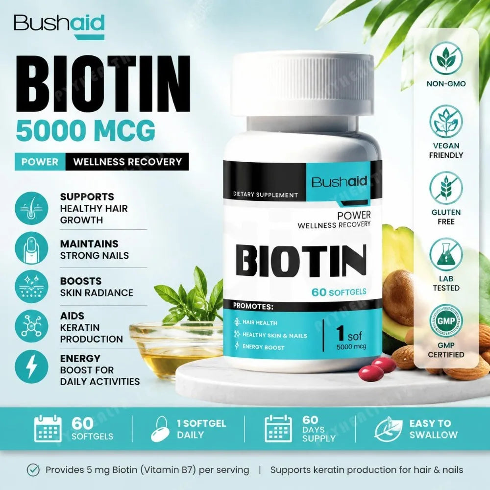 Bushaid Biotin 5000mcg Softgels Hair Skin Nails Vitamin B7 Keratin Support Energy Non-GMO Gluten Free 60 Softgels 60 Day