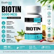 Bushaid Biotin 5000mcg Softgels Hair Skin Nails Vitamin B7 Keratin Support Energy Non-GMO Gluten Free 60 Softgels 60 Day