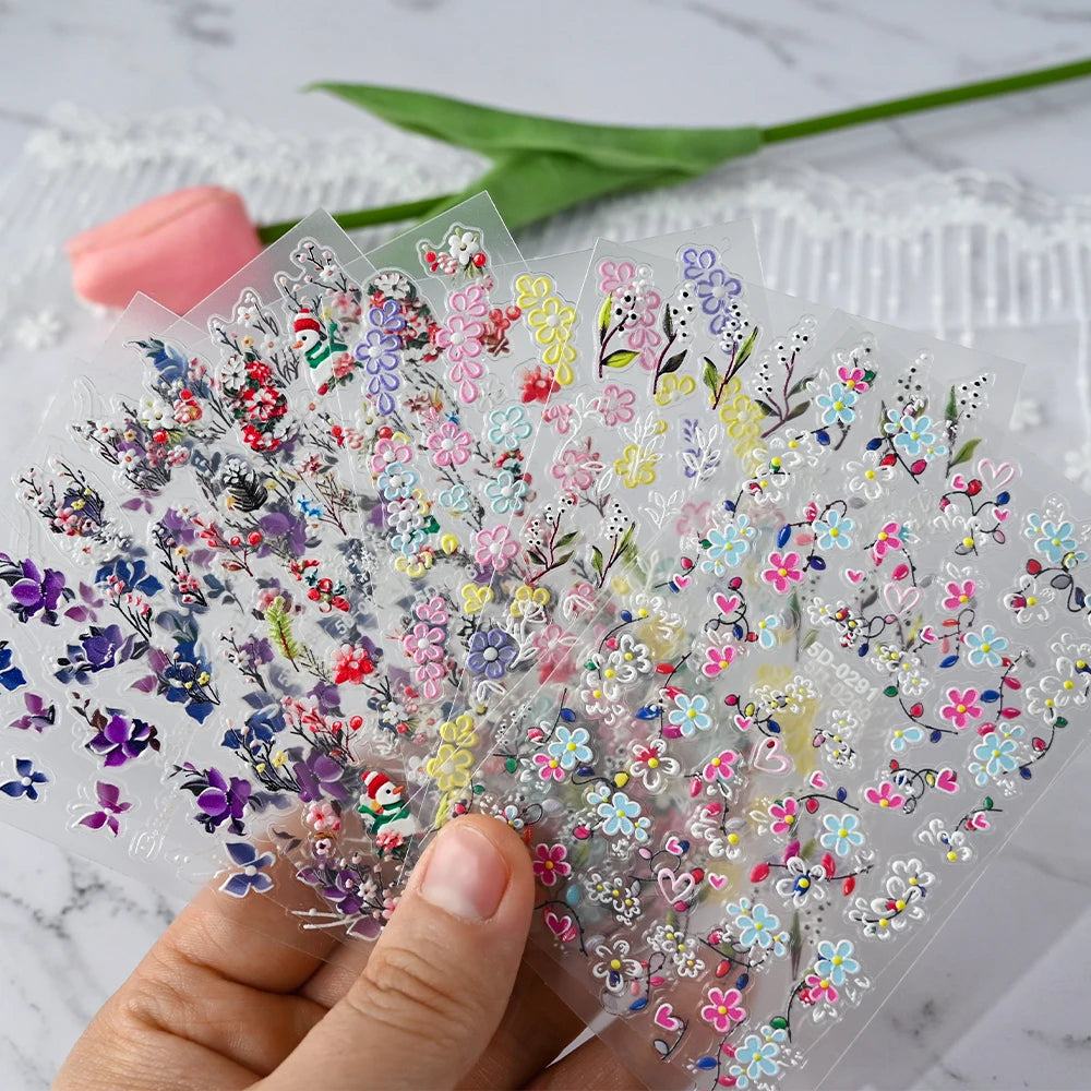 1PCS Embossed 5D Nail Art Stickers Colorful Elegant Flowers Rose Butterfly Sliders Nails White Petals Manicure Decor NK5D-0288