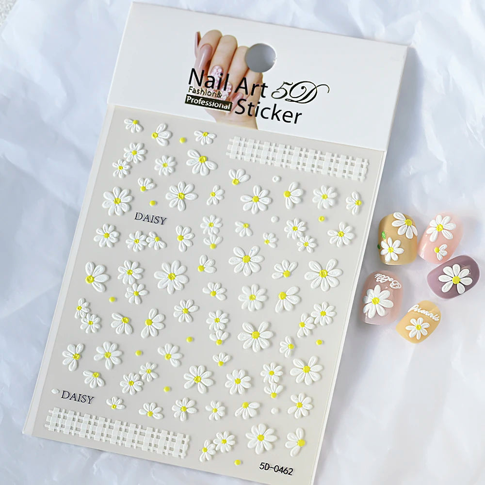 5D Pink Blue Floral Nail Art Stickers Petals Leaf Plant Embossed Nail Decals Spring Summer Flower Design for DIY Nail Supplies