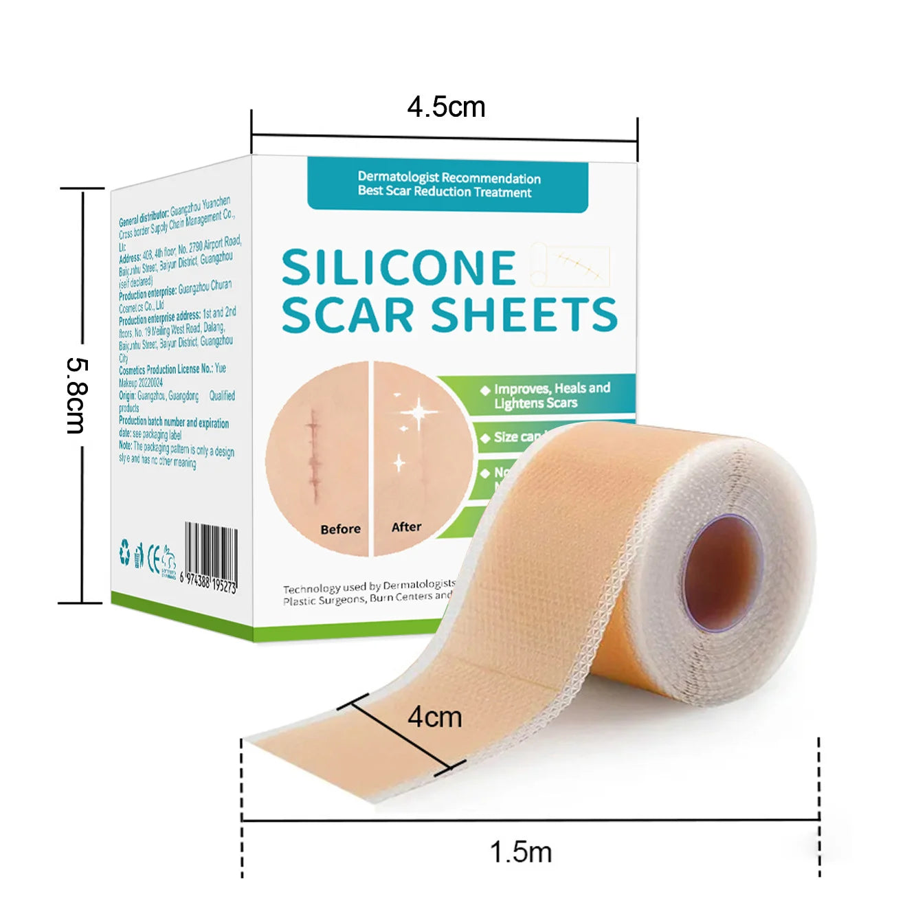 1 Roll = 4cm x 1.5m Silicone Scar Sheets , Self-Adhesive Scar Cover Tape , Reusable Skin Care Strips