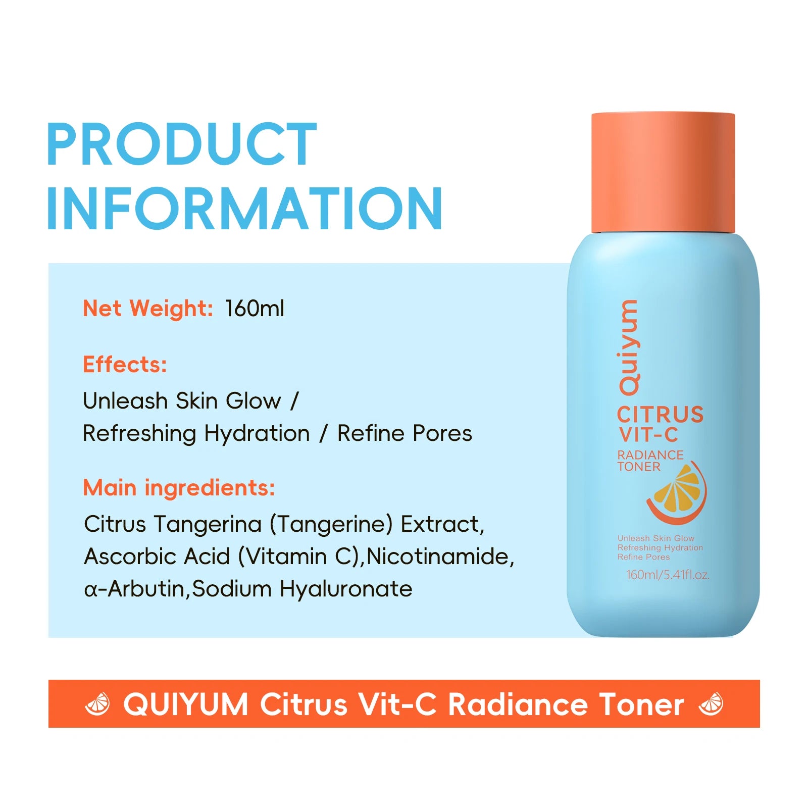 Quiyum Citrus Vit‑C Radiance Toner 160ml Refreshing Hydrating Facial Lotion Refine Pores Boost Natural Skin Glow Daily Skin Care