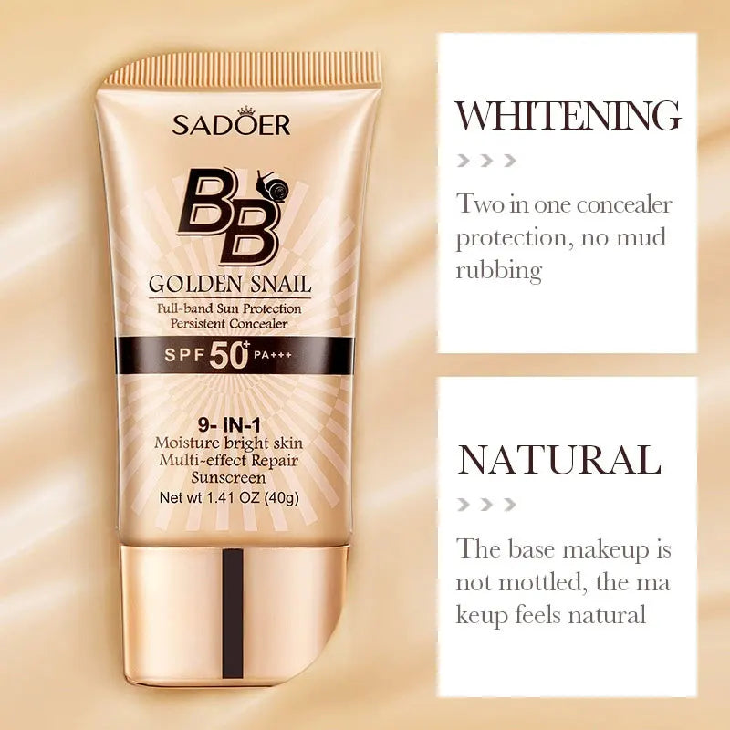 SPF50+ Gold Snail Sunscreen BB Cream Whitening Foundation Moisturizing Long Lasting Even Skin Tone Makeup Base Primer