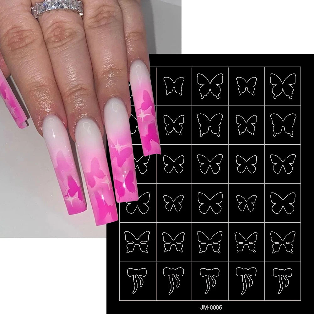24 Patterns Airbrush Stencils Nail Art Stickers Hollow Butterfly/Flower/Bow/French Line Printing Templates Nail Decal DIY Tools