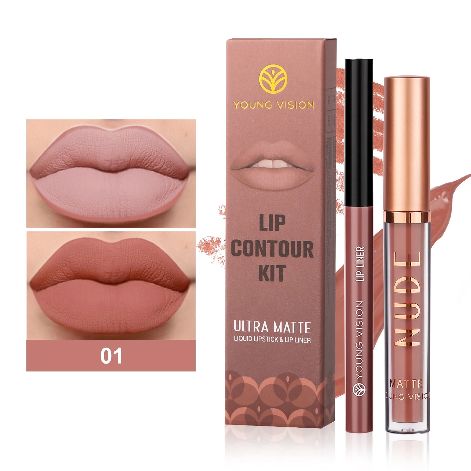 YOUNG VISION Dual Color Lip Liner Lip Gloss Combo Set Color Showing Waterproof Sweatproof Non-Sticky Cup Lip Gloss Set