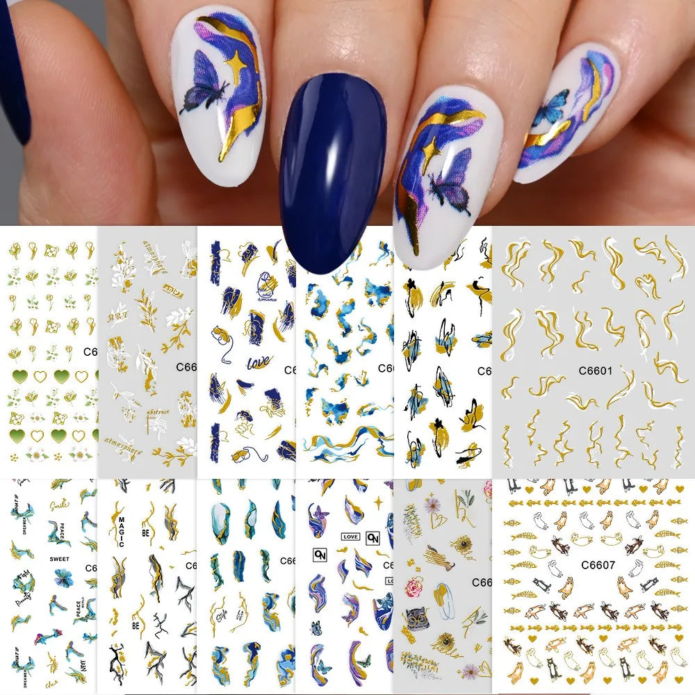 3/6/12PCS 3D Gold Foil Marble Print Nail Art Stickers Luxury Blue Gradient Ink Design Adhesive Nail Decal Geometric Nail Slider