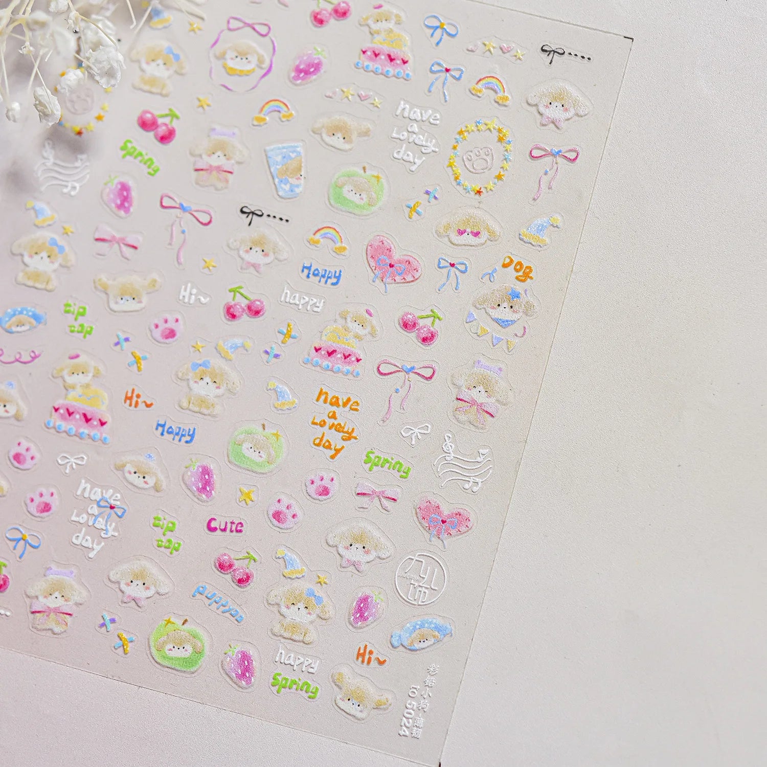 Colorful Balloon Cute Puppy Flower Cherry Bowknot Love Happy Dog Animal Self Adhesive Nail Art Sticker Decoration Manicure Decal