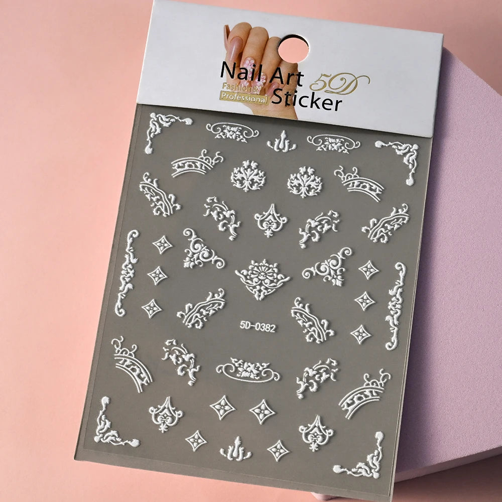 5D White Face Flowers Nail Art Stickers 8x10cm Elegant Wedding Bride White Floret Nail Decal Self-Adhesive Flowers Nail Slider