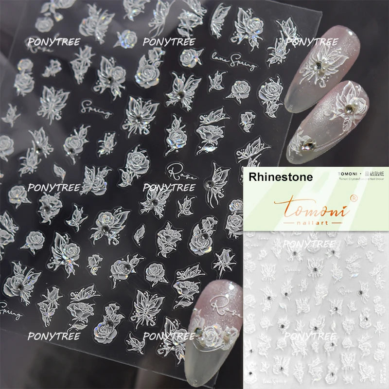 Elegant Pink Purple Flower Rose Colourful Gentle Petal Peach Blossom Metal Shiny Self Nail Art Sticker Decoration Manicure Decal