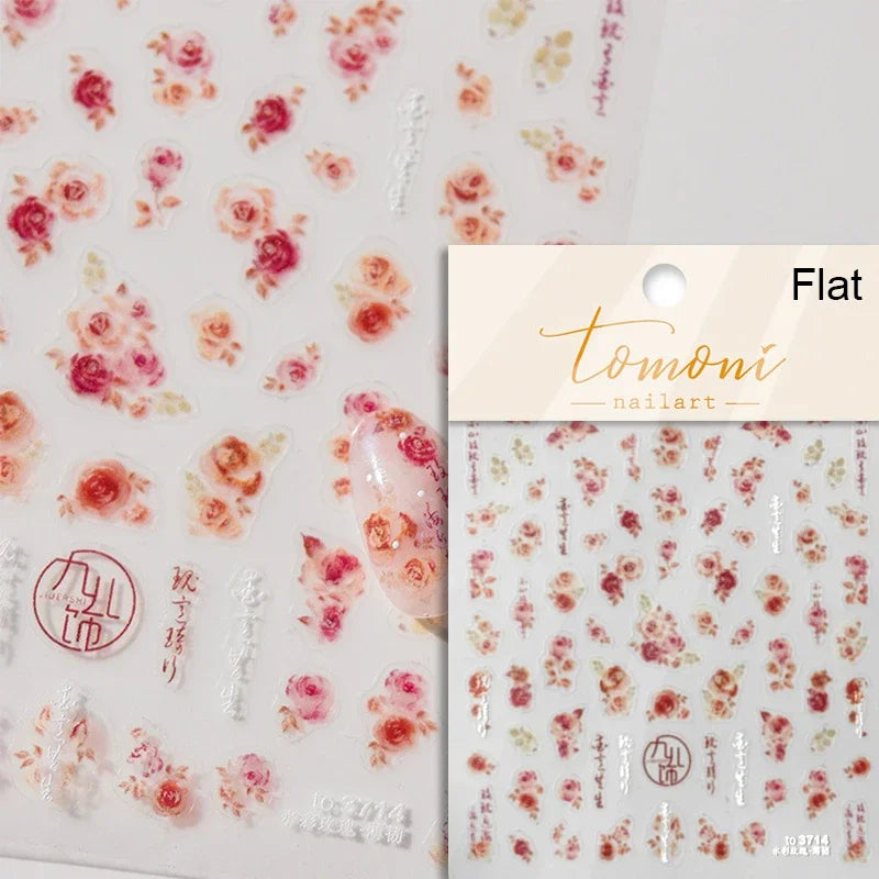 1 pc 5D sunflower nail stickers rose daisy cherry blossom self-adhesive nail art stickers oil painting style decorative sticker
