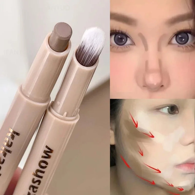 2in1 Contouring Stick with Brush Long Lasting Corrector Nose Shadow and 3D Face Contouring Neutral Bronzer Makeup Stick Cosmetic
