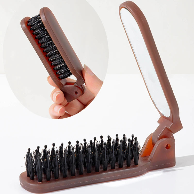 Boar Bristle Massage Hair Comb Anti Static with Makeup Mirror Folding Comb High Skull Integrated Styling Combs Supplies