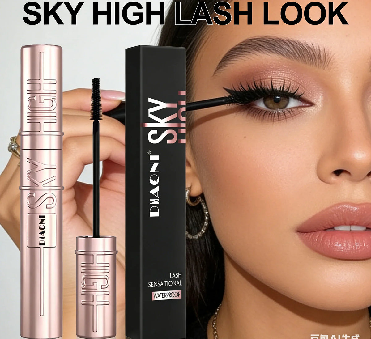 DIAONI Black Waterproof Volumizing Mascara - Sky-High Curl Smudge-Proof Lengthening Long-Lasting Makeup for Eyes