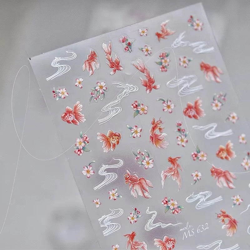 5D Rich Goldfish Nail Stickers Lotus Carp Ribbons Nail Art Appliqués Handmade Creative Nail Art Decorations
